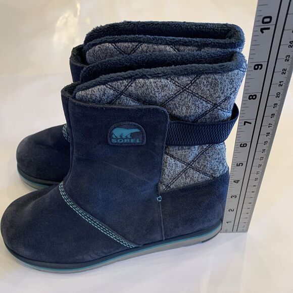 SOREL Womens 8/Youth 6 Navy Suede Leather Gray Knit Waterproof Winter Boots Warm - Picture 9 of 9